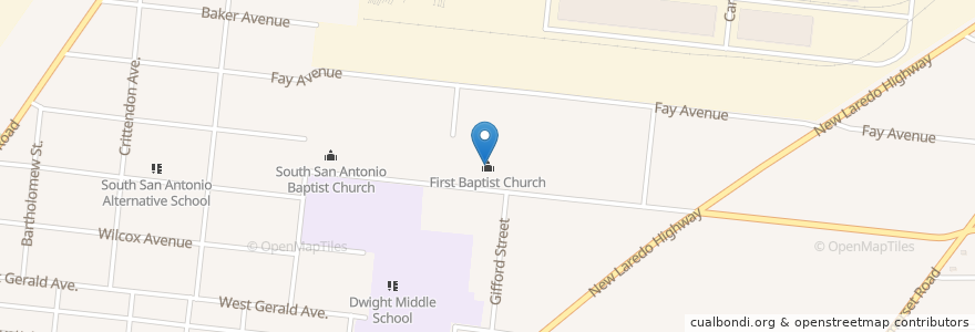 Mapa de ubicacion de First Baptist Church en Verenigde Staten, Texas, Bexar County, San Antonio.