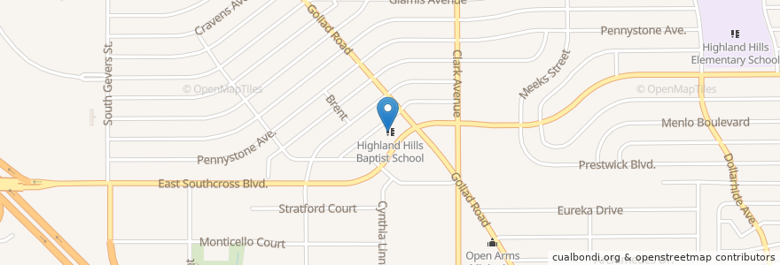 Mapa de ubicacion de Highland Hills Baptist Church en الولايات المتّحدة الأمريكيّة, تكساس, مقاطعة بيكسار, سان أنطونيو.