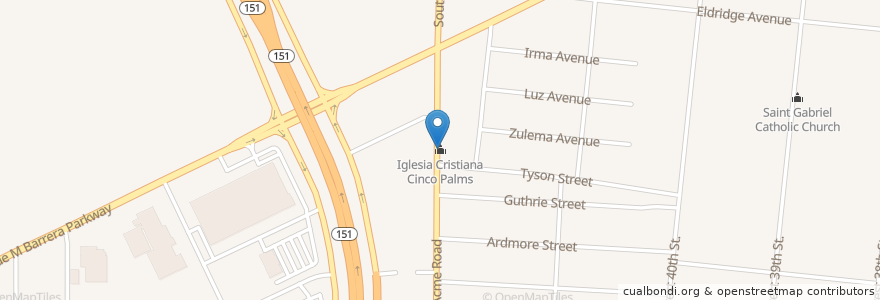 Mapa de ubicacion de Iglesia Cristiana Cinco Palms en Amerika Syarikat, Texas, Bexar County, San Antonio.