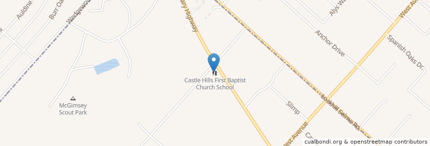 Mapa de ubicacion de Castle Hills First Baptist Church School en 美利坚合众国/美利堅合眾國, 得克萨斯州 / 德克薩斯州 / 德薩斯州, Bexar County, San Antonio, Castle Hills.