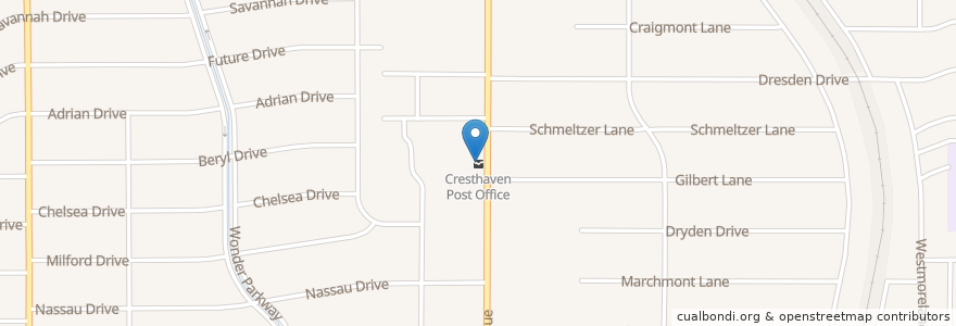 Mapa de ubicacion de Cresthaven Post Office en ایالات متحده آمریکا, تگزاس, Bexar County, San Antonio.