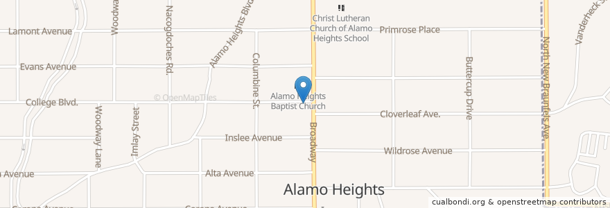 Mapa de ubicacion de Laredo Church of the Crossroads en Соединённые Штаты Америки, Техас, Bexar County, Сан-Антонио, Alamo Heights.