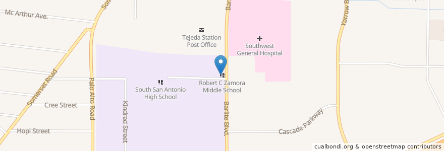 Mapa de ubicacion de Robert C Zamora Middle School en Vereinigte Staaten Von Amerika, Texas, Bexar County, San Antonio.