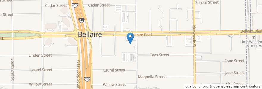 Mapa de ubicacion de Bellaire First Baptist Church en 미국, 텍사스, Houston, Harris County, Bellaire.