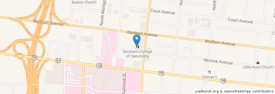 Mapa de ubicacion de Southern College of Optometry en United States, Tennessee, Shelby County, Memphis.