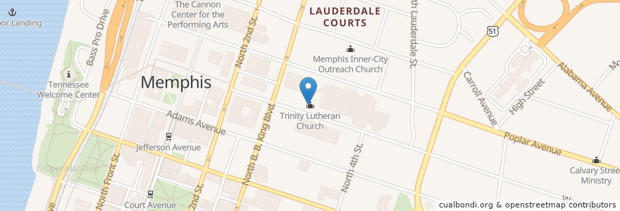 Mapa de ubicacion de Trinity Lutheran Church en الولايات المتّحدة الأمريكيّة, تينيسي, مقاطعة شيلبي, Memphis.