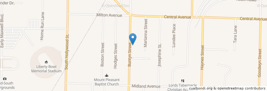 Mapa de ubicacion de Buntyn Street Baptist Church en Amerika Syarikat, Tennessee, Shelby County, Memphis.