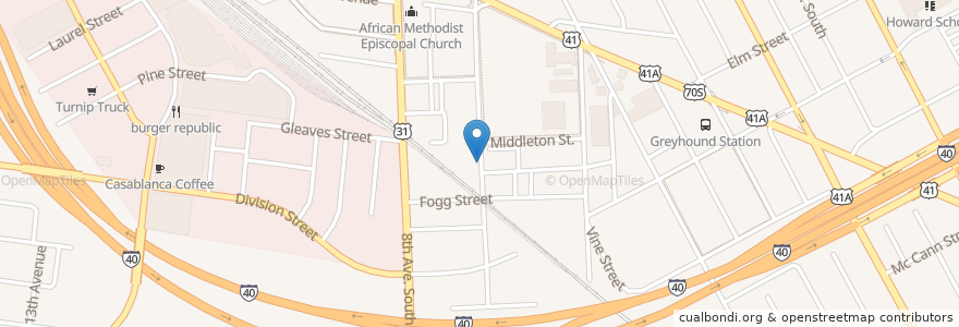 Mapa de ubicacion de Claiborne Street Baptist Church en Stati Uniti D'America, Tennessee, Nashville-Davidson.