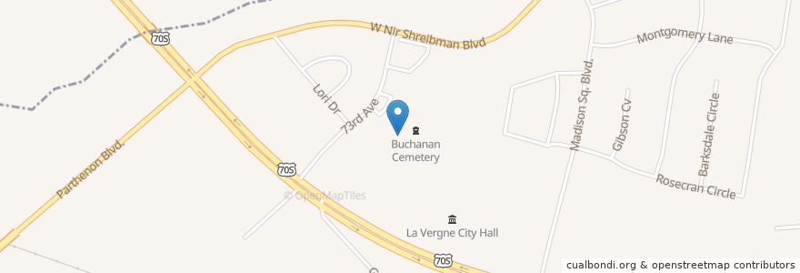 Mapa de ubicacion de Buchanan Cemetery en United States, Tennessee, Rutherford County, La Vergne.