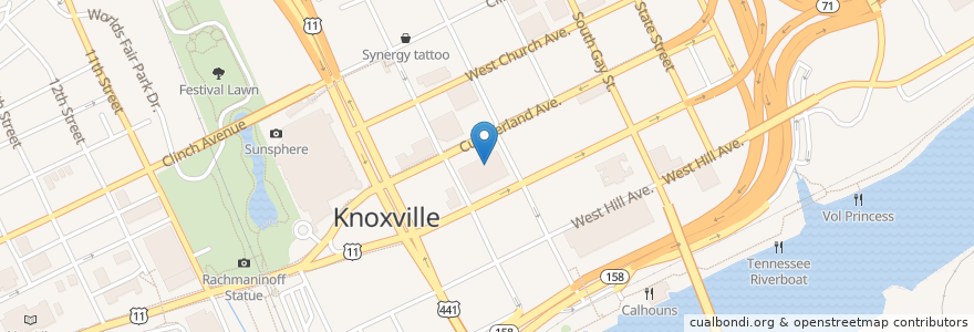 Mapa de ubicacion de Knoxville Post Office en Amerika Syarikat, Tennessee, Knox County, Knoxville.