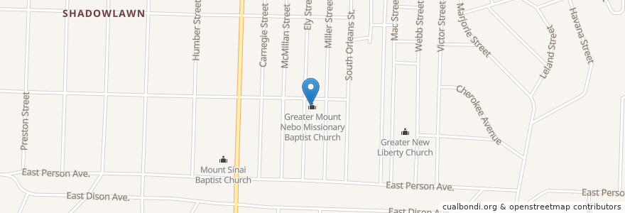 Mapa de ubicacion de Greater Mount Nebo Missionary Baptist Church en États-Unis D'Amérique, Tennessee, Shelby County, Memphis.