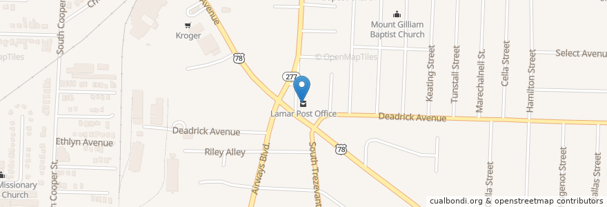 Mapa de ubicacion de Lamar Post Office en Amerika Syarikat, Tennessee, Shelby County, Memphis.