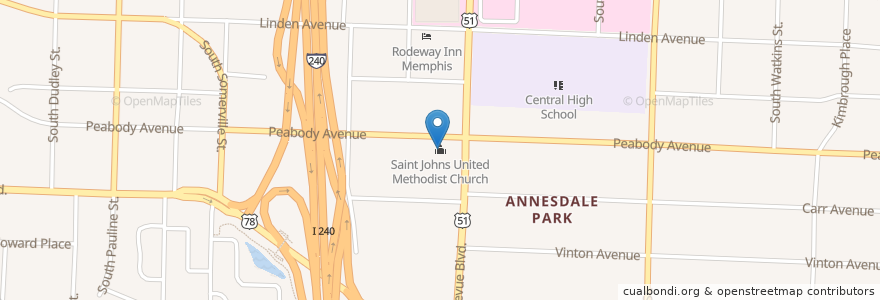 Mapa de ubicacion de Saint Johns United Methodist Church en Соединённые Штаты Америки, Теннесси, Shelby County, Memphis.
