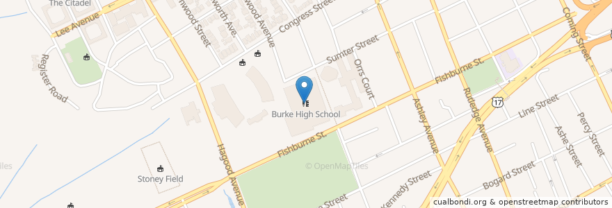 Mapa de ubicacion de Burke High School en Verenigde Staten, South Carolina, Charleston County, Charleston.