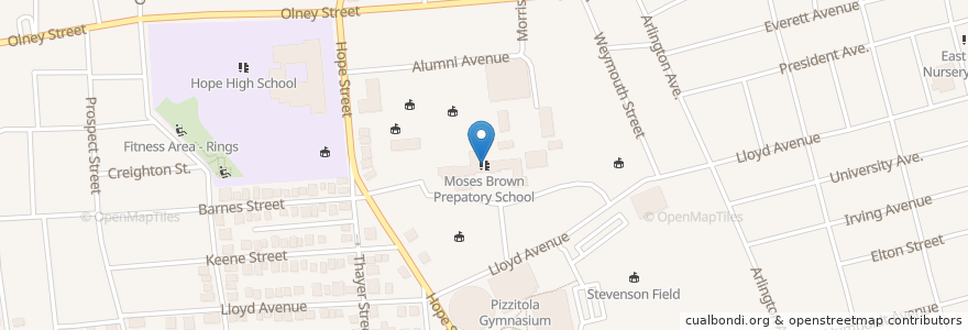 Mapa de ubicacion de Moses Brown Preparatory School en الولايات المتّحدة الأمريكيّة, رود آيلاند, Providence County, Providence.