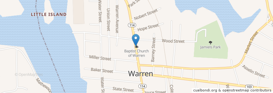 Mapa de ubicacion de Baptist Church of Warren en 美利坚合众国/美利堅合眾國, 罗得岛州/ 羅德島州, Bristol County, Warren.