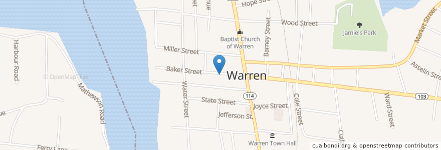 Mapa de ubicacion de First United Methodist Church of Warren en الولايات المتّحدة الأمريكيّة, رود آيلاند, Bristol County, Warren.
