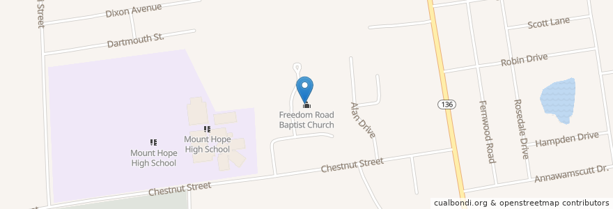Mapa de ubicacion de Freedom Road Baptist Church en 미국, 로드아일랜드, Bristol County, Bristol.