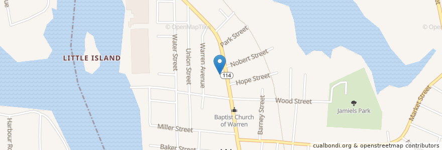 Mapa de ubicacion de Saint Jean Baptiste Roman Catholic Church en ایالات متحده آمریکا, Rhode Island, Bristol County, Warren.