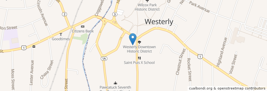 Mapa de ubicacion de Christ Episcopal Church en アメリカ合衆国, ロードアイランド州, Washington County, Westerly.