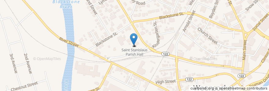 Mapa de ubicacion de Saint Stanislaus Parish Hall en Amerika Birleşik Devletleri, Rhode Island, Providence County, Woonsocket.