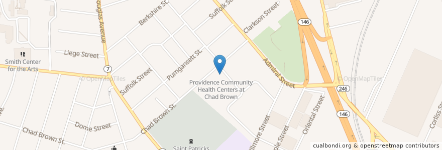 Mapa de ubicacion de Providence Community Health Centers at Chad Brown en アメリカ合衆国, ロードアイランド州, Providence County, Providence.