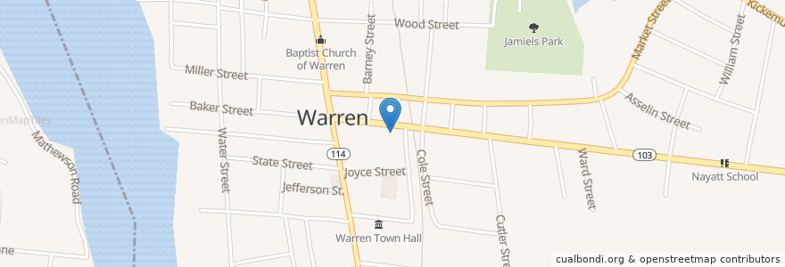 Mapa de ubicacion de Warren Post Office en アメリカ合衆国, ロードアイランド州, Bristol County, Warren.