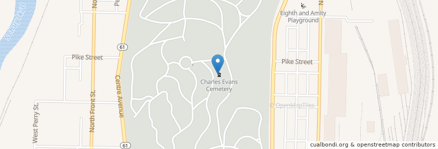 Mapa de ubicacion de Charles Evans Cemetery en Verenigde Staten, Pennsylvania, Berks County, Reading.