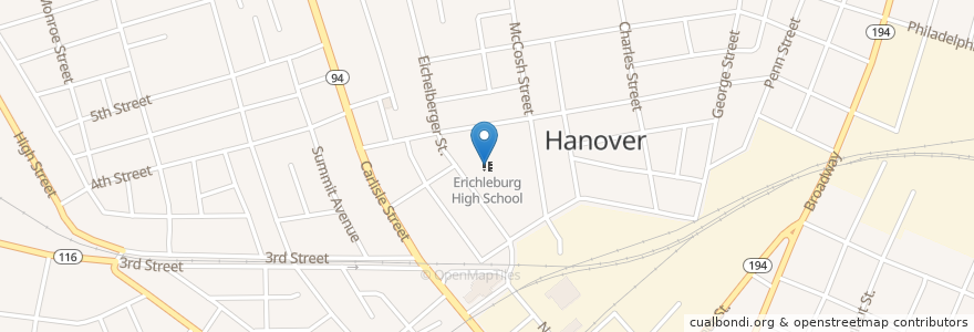 Mapa de ubicacion de Erichleburg High School en アメリカ合衆国, ペンシルベニア州, Hanover.