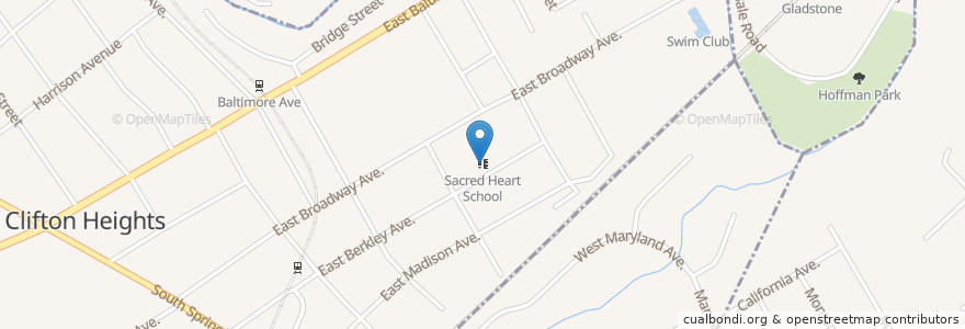 Mapa de ubicacion de Sacred Heart School en الولايات المتّحدة الأمريكيّة, بنسيلفانيا, Delaware County, Clifton Heights.