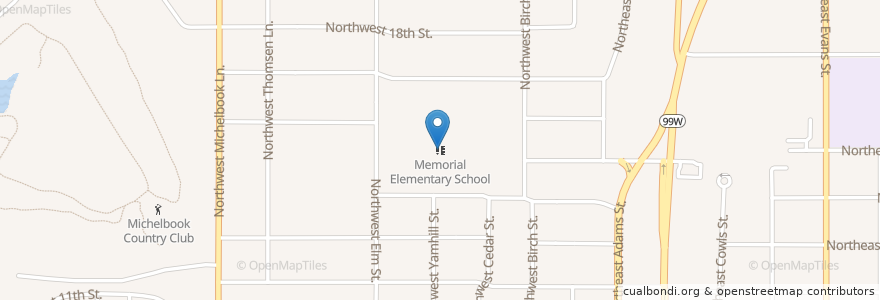 Mapa de ubicacion de Memorial Elementary School en アメリカ合衆国, オレゴン州, Yamhill County, Mcminnville.