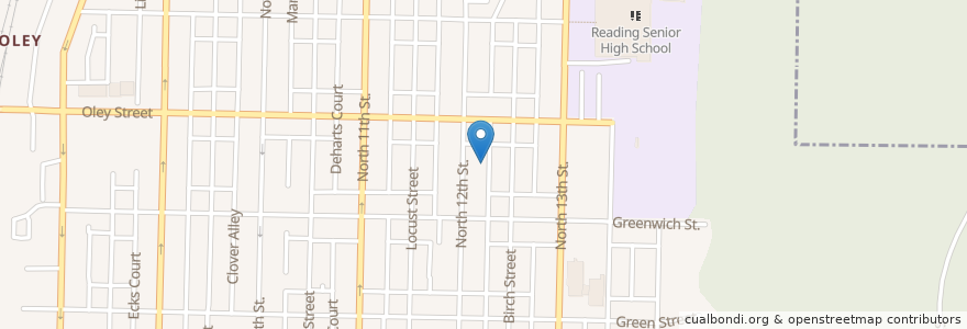 Mapa de ubicacion de Tenth and Green Streets Elementary School en Estados Unidos Da América, Pensilvânia, Berks County, Reading.