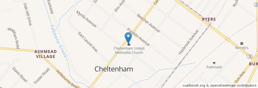 Mapa de ubicacion de Cheltenham United Methodist Church en Соединённые Штаты Америки, Пенсильвания, Montgomery County, Cheltenham Township.