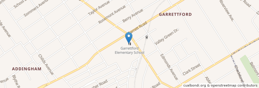 Mapa de ubicacion de Garrettford Elementary School en アメリカ合衆国, ペンシルベニア州, Delaware County, Upper Darby.