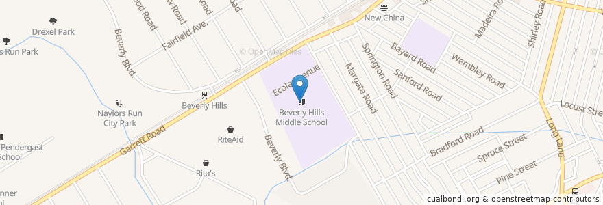 Mapa de ubicacion de Beverly Hills Middle School en アメリカ合衆国, ペンシルベニア州, Delaware County, Upper Darby.