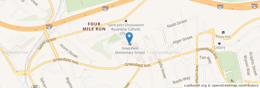 Mapa de ubicacion de Greenfield Elementary School en 美利坚合众国/美利堅合眾國, 宾夕法尼亚 / 賓夕法尼亞州, Allegheny County, Pittsburgh.