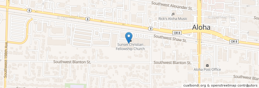 Mapa de ubicacion de Sunset Christian Fellowship Church en United States, Oregon, Washington County, Aloha.