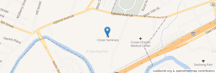 Mapa de ubicacion de Crozer Seminary en アメリカ合衆国, ペンシルベニア州, Delaware County, Upland.