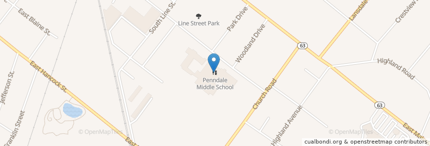 Mapa de ubicacion de Penndale Middle School en United States, Pennsylvania, Montgomery County, Lansdale.