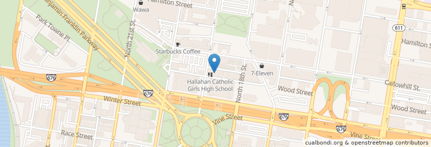 Mapa de ubicacion de John W. Hallahan Catholic Girls High School en 美利坚合众国/美利堅合眾國, 宾夕法尼亚 / 賓夕法尼亞州, Philadelphia County, 費城.