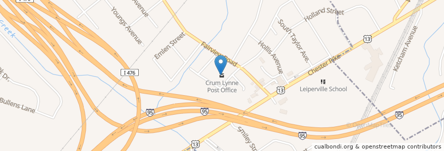Mapa de ubicacion de Crum Lynne Post Office en Vereinigte Staaten Von Amerika, Pennsylvania, Delaware County, Ridley Township.
