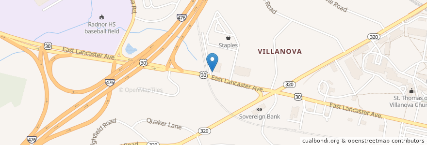 Mapa de ubicacion de Villanova Post Office en United States, Pennsylvania, Delaware County, Radnor Township.