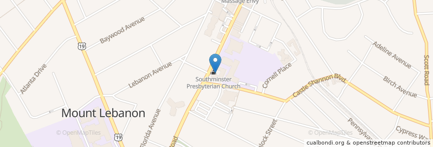 Mapa de ubicacion de Southminster Presbyterian Church en الولايات المتّحدة الأمريكيّة, بنسيلفانيا, Allegheny County, Mount Lebanon.
