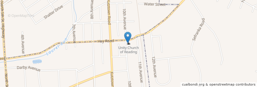 Mapa de ubicacion de Unity Church of Reading en الولايات المتّحدة الأمريكيّة, بنسيلفانيا, Berks County, Muhlenberg Township.