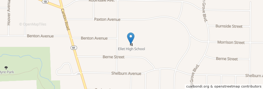 Mapa de ubicacion de Ellet High School en 미국, 오하이오 주, Summit County, Akron.