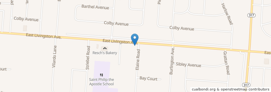 Mapa de ubicacion de Shady Lane Presbyterian Church en Amerika Syarikat, Ohio, Franklin County, Columbus.