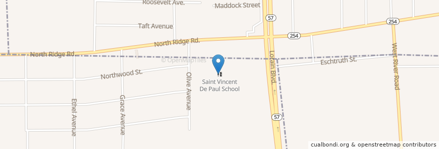 Mapa de ubicacion de Saint Vincent De Paul School en 美利坚合众国/美利堅合眾國, 俄亥俄州, Lorain County, Elyria Township.