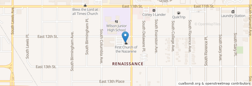 Mapa de ubicacion de First Church of the Nazarene en Amerika Syarikat, Oklahoma, Tulsa County, Tulsa.