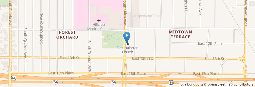 Mapa de ubicacion de First Lutheran Church en Amerika Syarikat, Oklahoma, Tulsa County, Tulsa.
