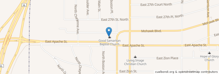 Mapa de ubicacion de Good Samaritan Baptist Church en Amerika Syarikat, Oklahoma, Tulsa County, Tulsa.
